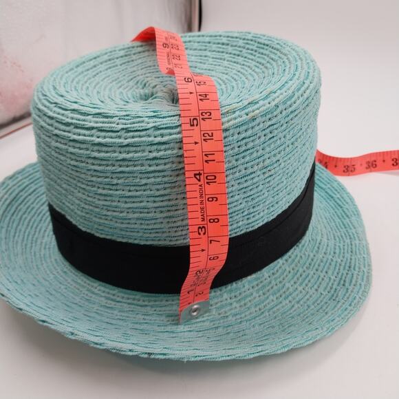 Rike's Light Blue Teal Woven Paper Straw Summer Hat with Black Ribbon Bow Accent - Picture 10 of 10